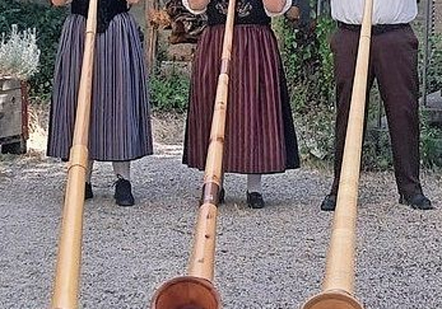 Das Alphorntrio «Aarecheerli» erhielt die Note 2 für ihre Darbietung.Bild: zvg