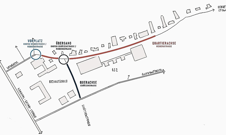 Das Konzept umfasst die drei Schwerpunkte Rebbergstrasse, Schützenstrasse sowie den Knoten Rebbergstrasse/Weiherstrasse.Bild: zvg