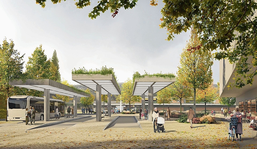 So sieht der neue Busbahnhof aus.Visualisierung: Balliana Schubert Architekten