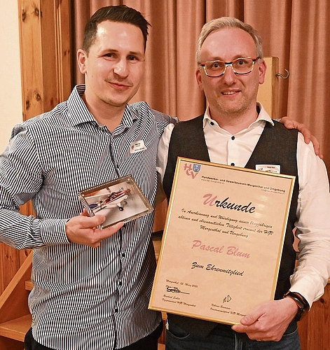 Vizepräsident Raphael Sidler (links) übergab dem scheidenden Präsidenten Pascal Blum Urkunde samt Geschenk.