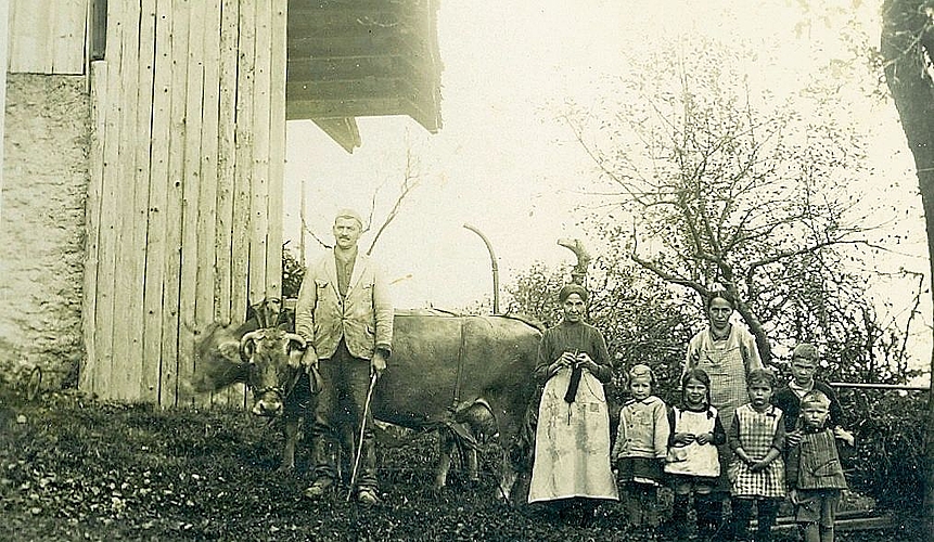 Familienbild mit Albert Roth am Kuhgespann, Ende der 1920er-Jahre. Ganz rechts sein jüngster Sohn Guido. Familienbild mit Albert Roth am Kuhgespann, Ende der 1920er-Jahre. Ganz rechts sein jüngster Sohn Guido.