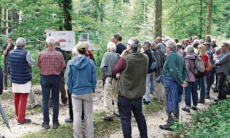 Auf dem Waldgang wurde an einem Posten der neue Betriebsplan 2025–2039 desForstbetriebs Region Zofingen vorgestellt.Bild: zvg