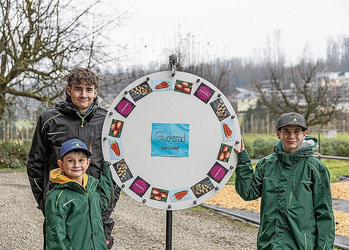 Raphael (hinten), Julian (links) und Manuel Widmer präsentieren das Glücksrad. Raphael (hinten), Julian (links) und Manuel Widmer präsentieren das Glücksrad.