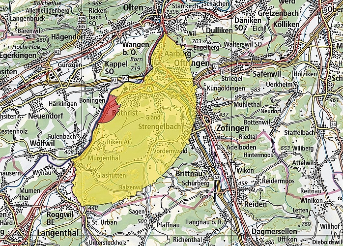 Die provisorische Karte mit dem Befallsherd (rot) und der Pufferzone (gelb). Es kann noch zu minimalen Anpassungen der Grenzen kommen, die Gemeinden werden sich jedoch nicht mehr ändern.Screenshot: ag.ch/geoportal