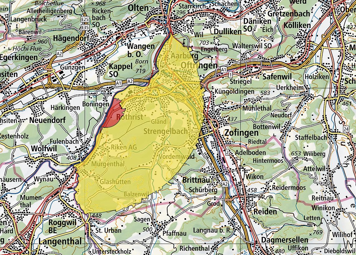 Die provisorische Karte mit dem Befallsherd (rot) und der Pufferzone (gelb). Es kann noch zu minimalen Anpassungen der Grenzen kommen, die Gemeinden werden sich jedoch nicht mehr ändern.Screenshot: ag.ch/geoportal