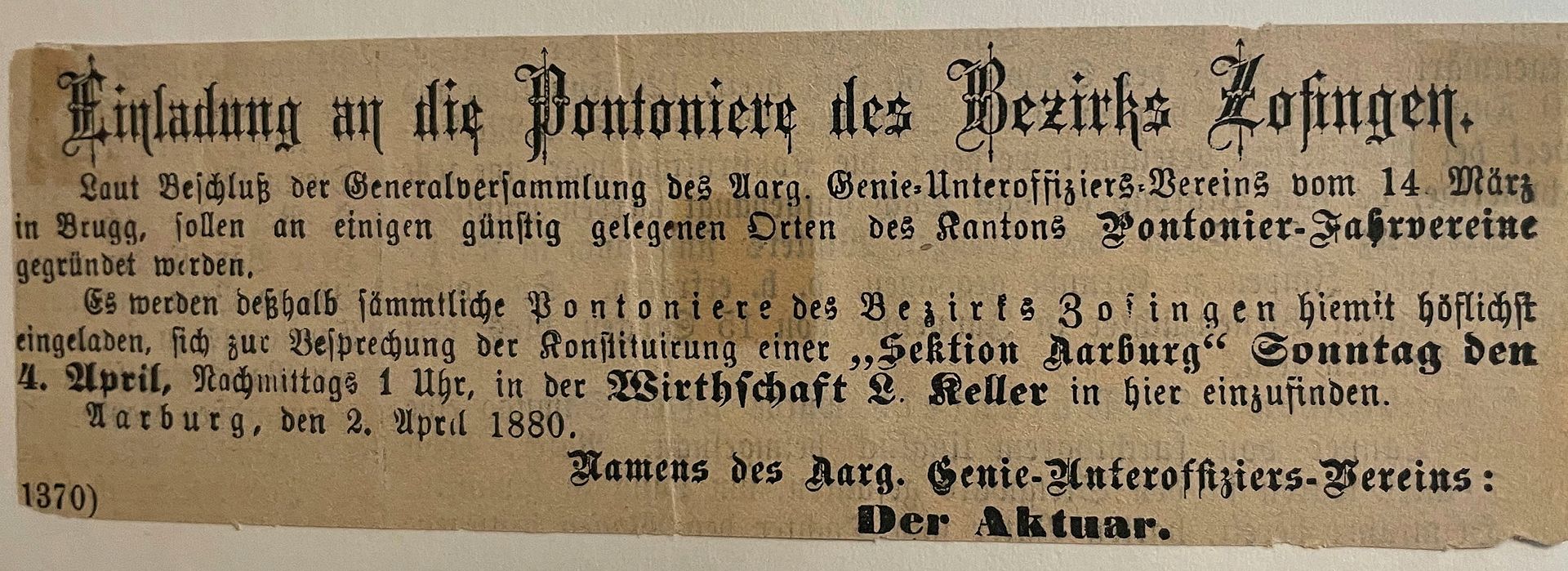 Das Original-Inserat bezüglich der Gründung der Sektion in Aarburg von 1880.